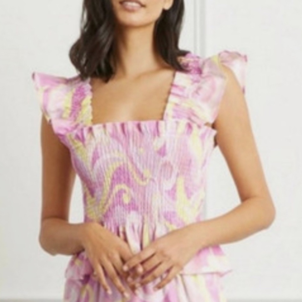 Hill House Pink and Yellow Smocked Ruffle Tank Top